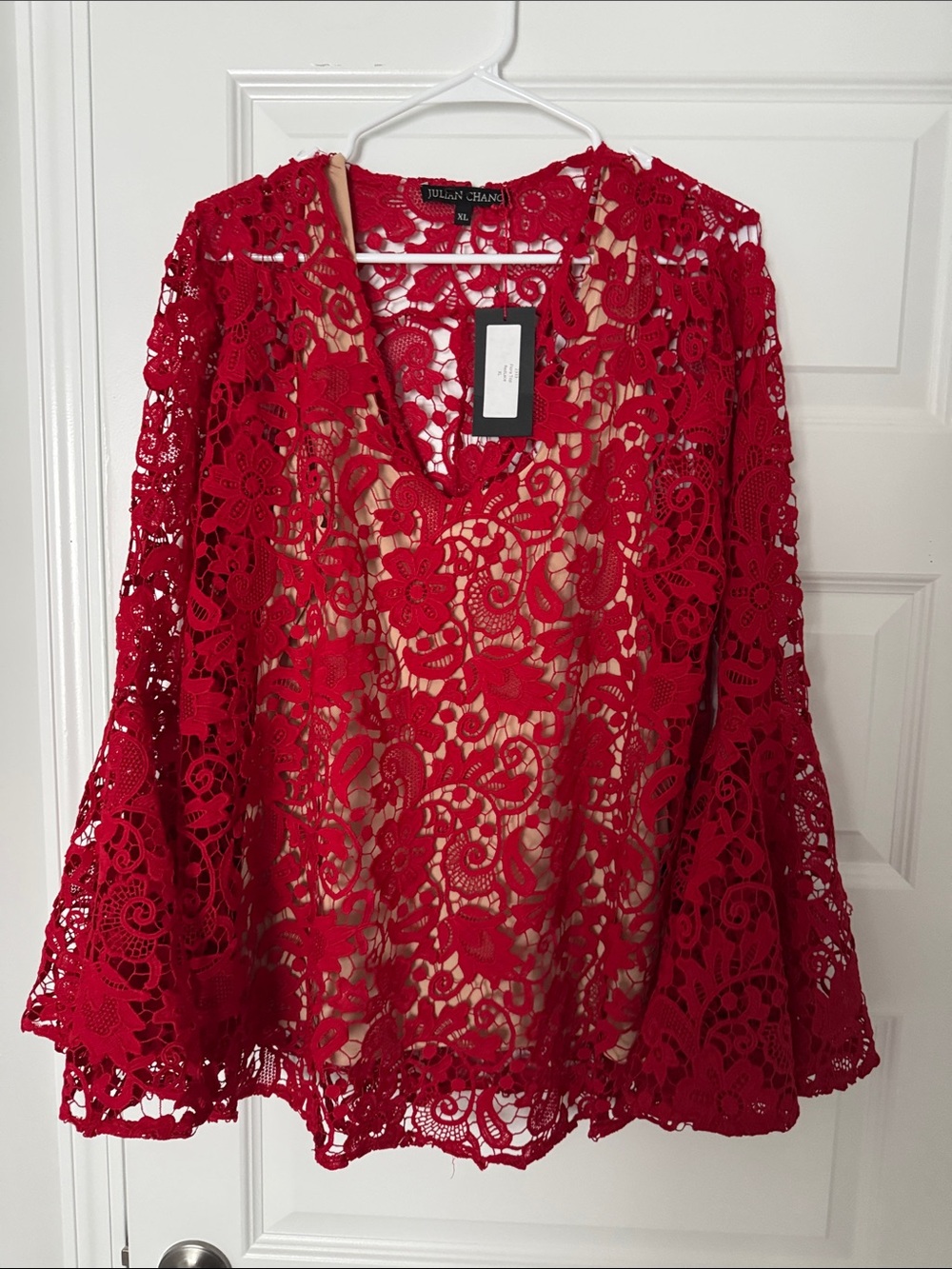 Julian Chang Red Crochet Lace V-Neck Bell-Sleeve Blouse